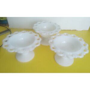 Vintage Anchor Hocking Milk Glass Lace Edge Set of 3 Footed Pedastal Bowls